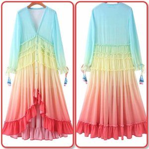 Cottagecore​ ​Rainbow Ombre Ruffle Hi-Low Bohemian Festival​ Tiered Maxi Dress